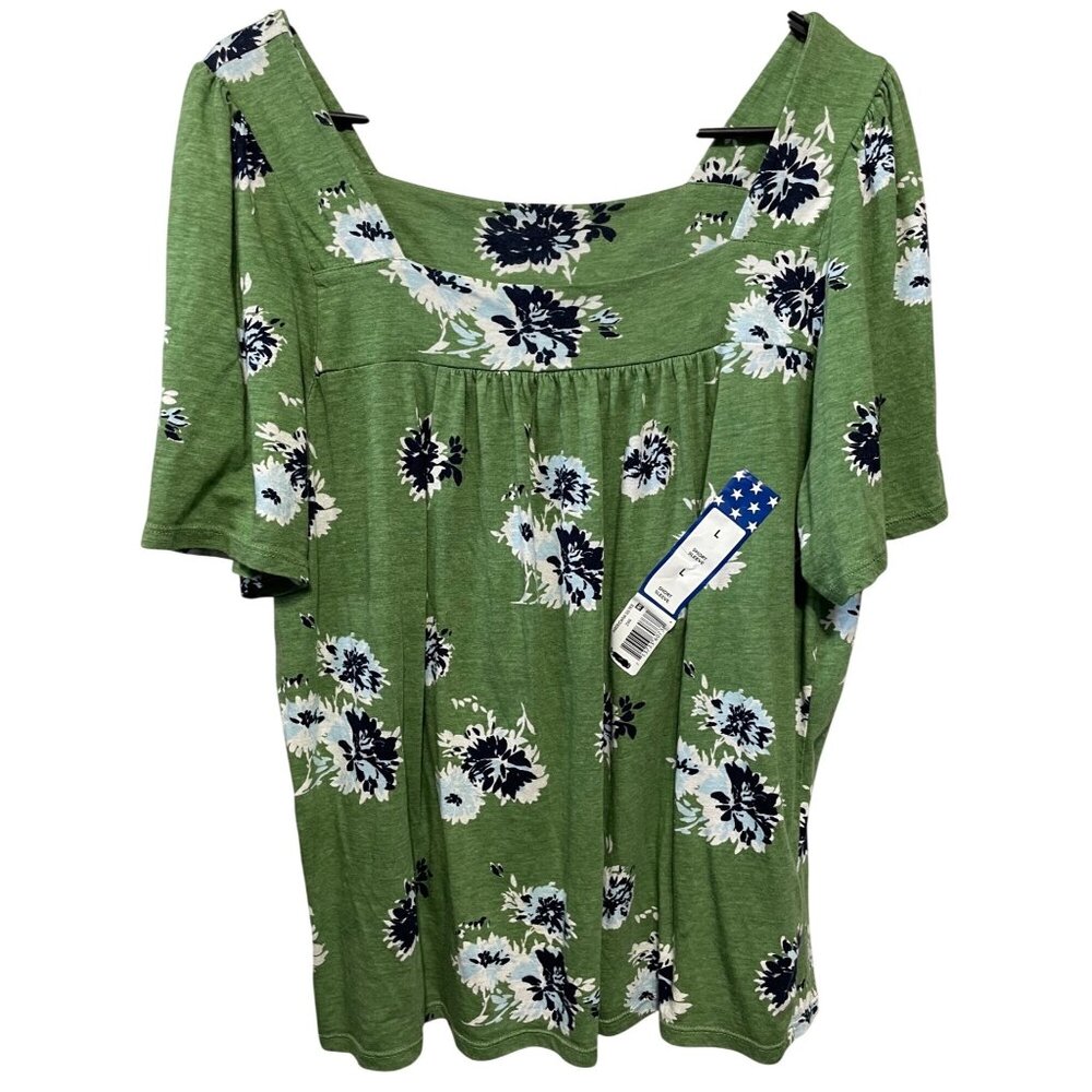 🌼 Lucky Brand Green Floral Top | Empire Waist Cotton Modal Tee | Size L NWT